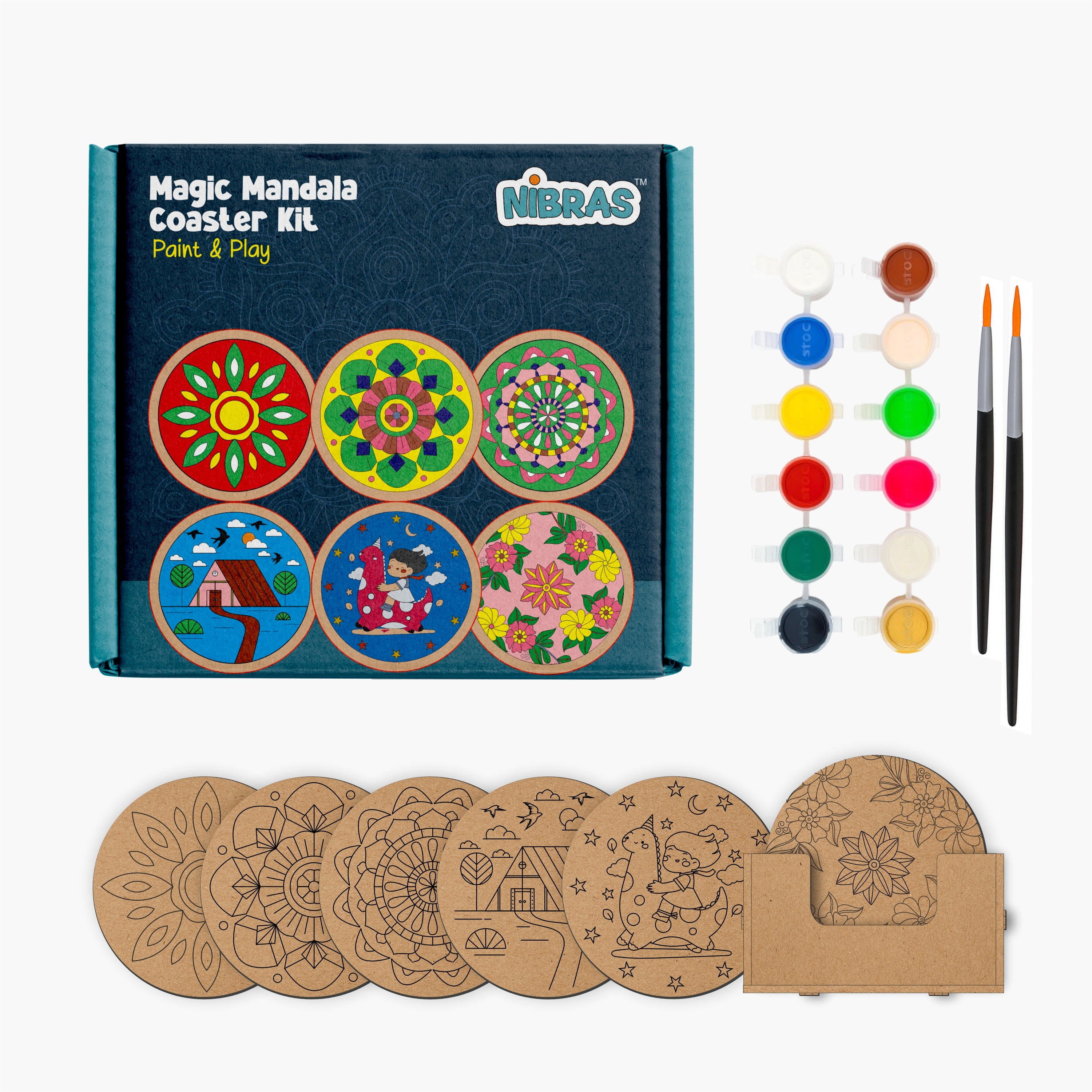 Nibras Magic Mandala Coaster Kit – Set of 6 Wooden MDF Coasters