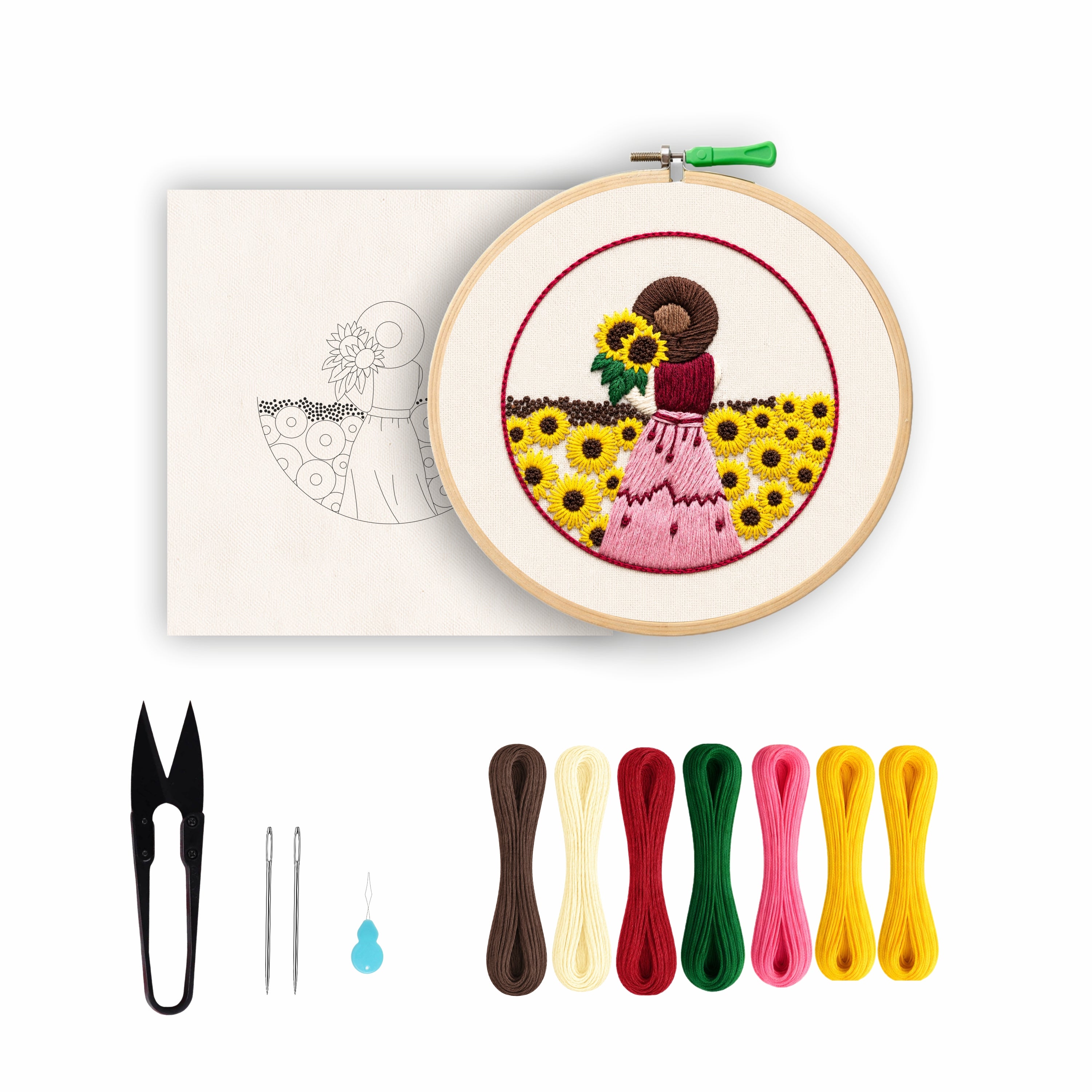 Nibras Embroidery Kit for Beginners | 1 Pre-Printed Sunflower Girl Design with Hoop, Threads, Needles & Instructions | DIY Hand Embroidery Starter Kit for Adults & Kids | Art & Craft Kit