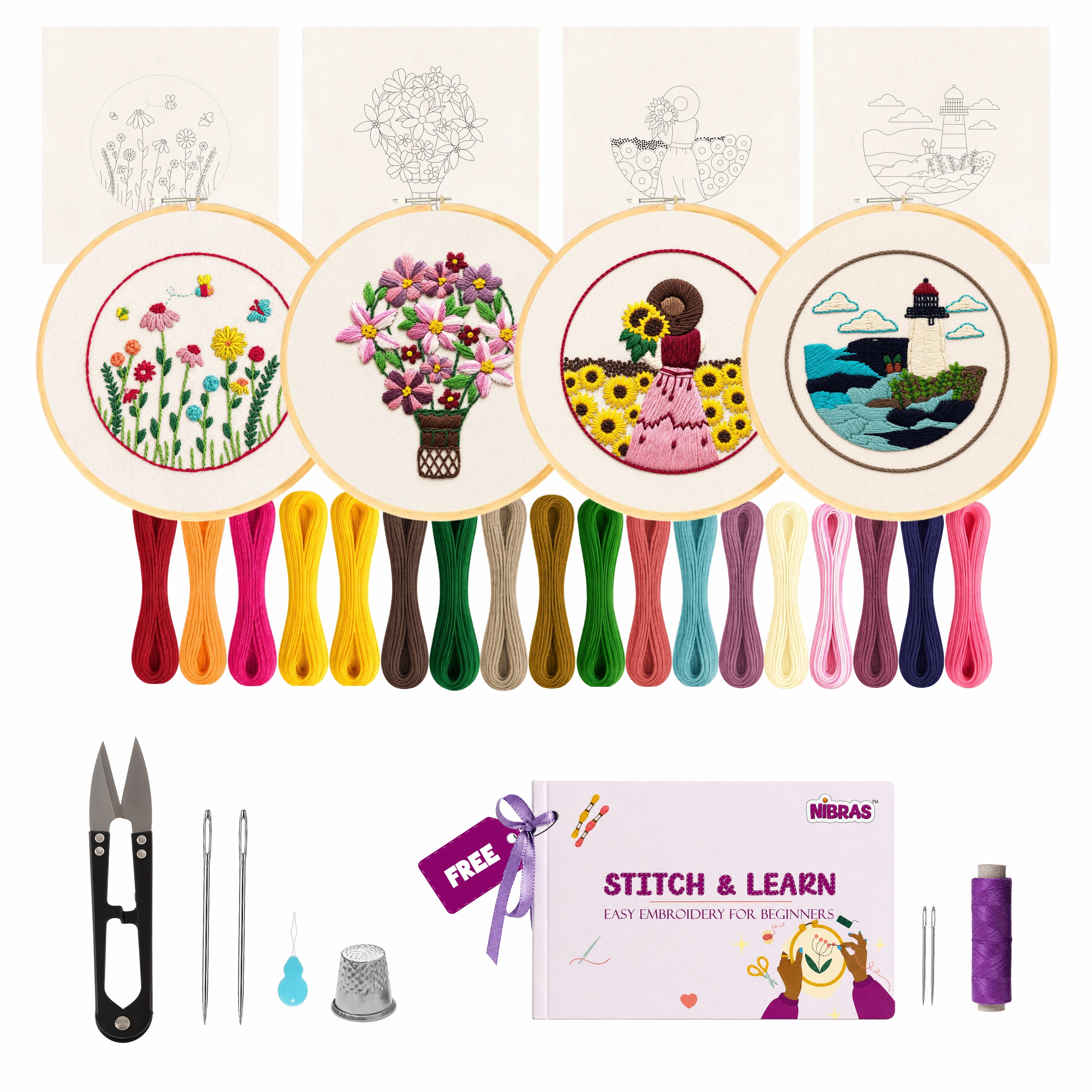 Nibras Complete Embroidery Starter Kit – 4 Learning Designs with Hoop, Threads, Needles, Needle Threader, Thimble & Free Learning Book