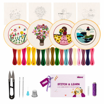 Nibras Complete Embroidery Starter Kit – 4 Learning Designs with Hoop, Threads, Needles, Needle Threader, Thimble & Free Learning Book