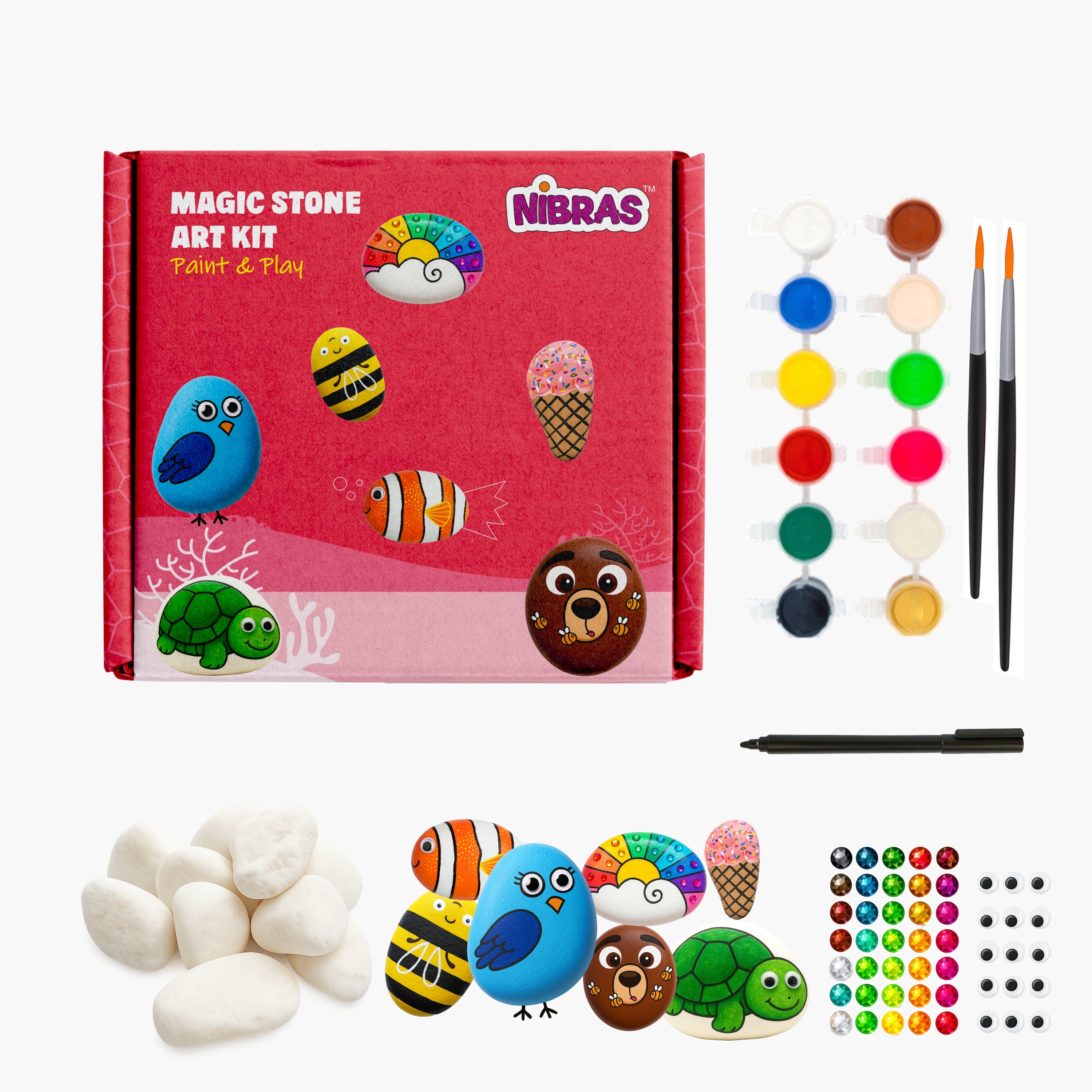 Nibras Stone Art Kit for Kids – DIY Rock Painting Kit with 7 Natural Stones, Brushes, Googly Eyes & Gems