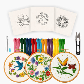 Nibras Embroidery Kit for Beginners – 3 Pre-Printed Designs with Hoop, Threads, Needles, Cutter & Instructions