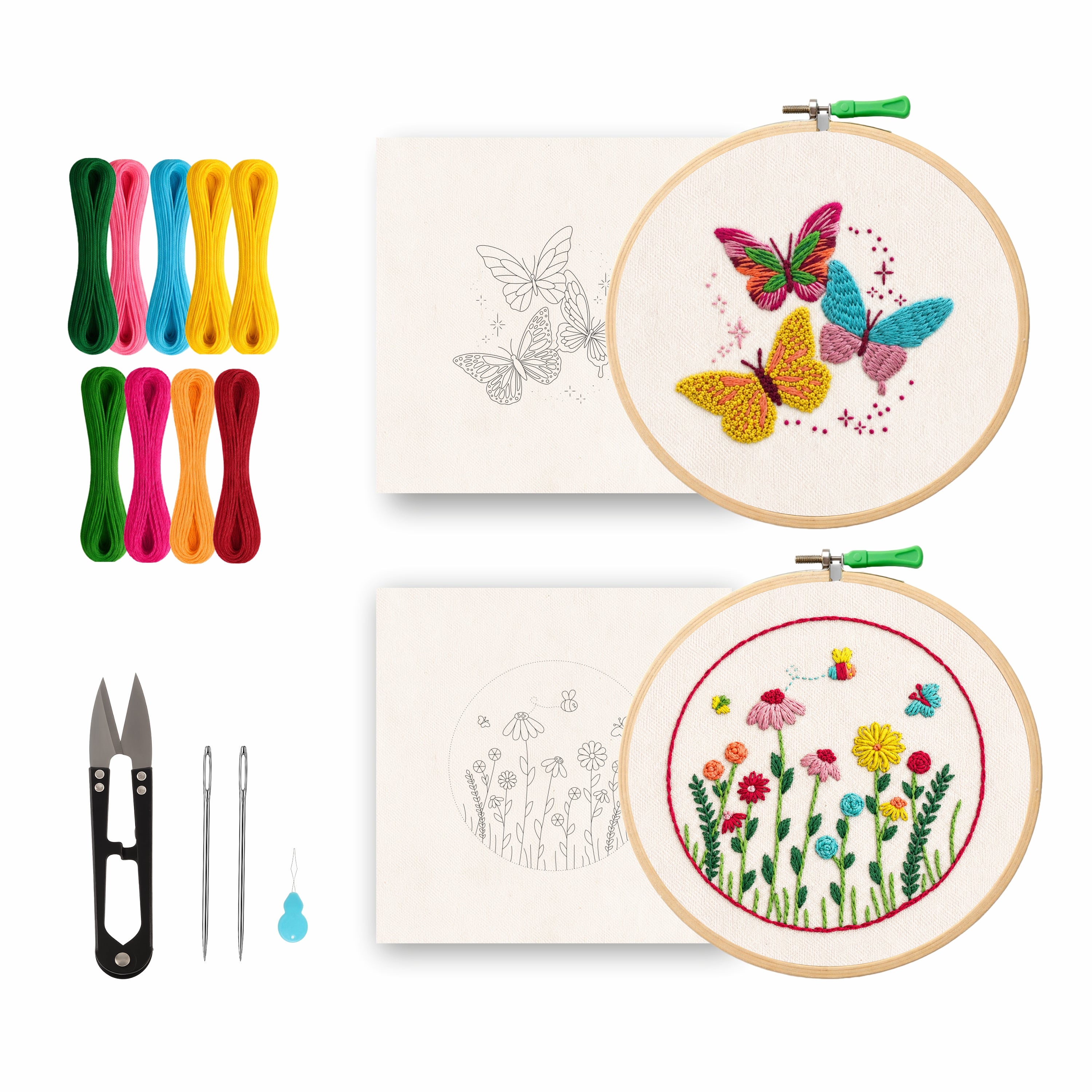 Nibras Embroidery Kit for Beginners – 2 Pre-Printed Floral Designs with Hoop, Threads, Needles & Instructions | DIY Hand Embroidery Starter Kit for Adults & Kids | Art & Craft Hobby Kit