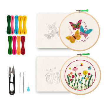 Nibras Embroidery Kit for Beginners – 2 Pre-Printed Floral Designs with Hoop, Threads, Needles & Instructions | DIY Hand Embroidery Starter Kit for Adults & Kids | Art & Craft Hobby Kit