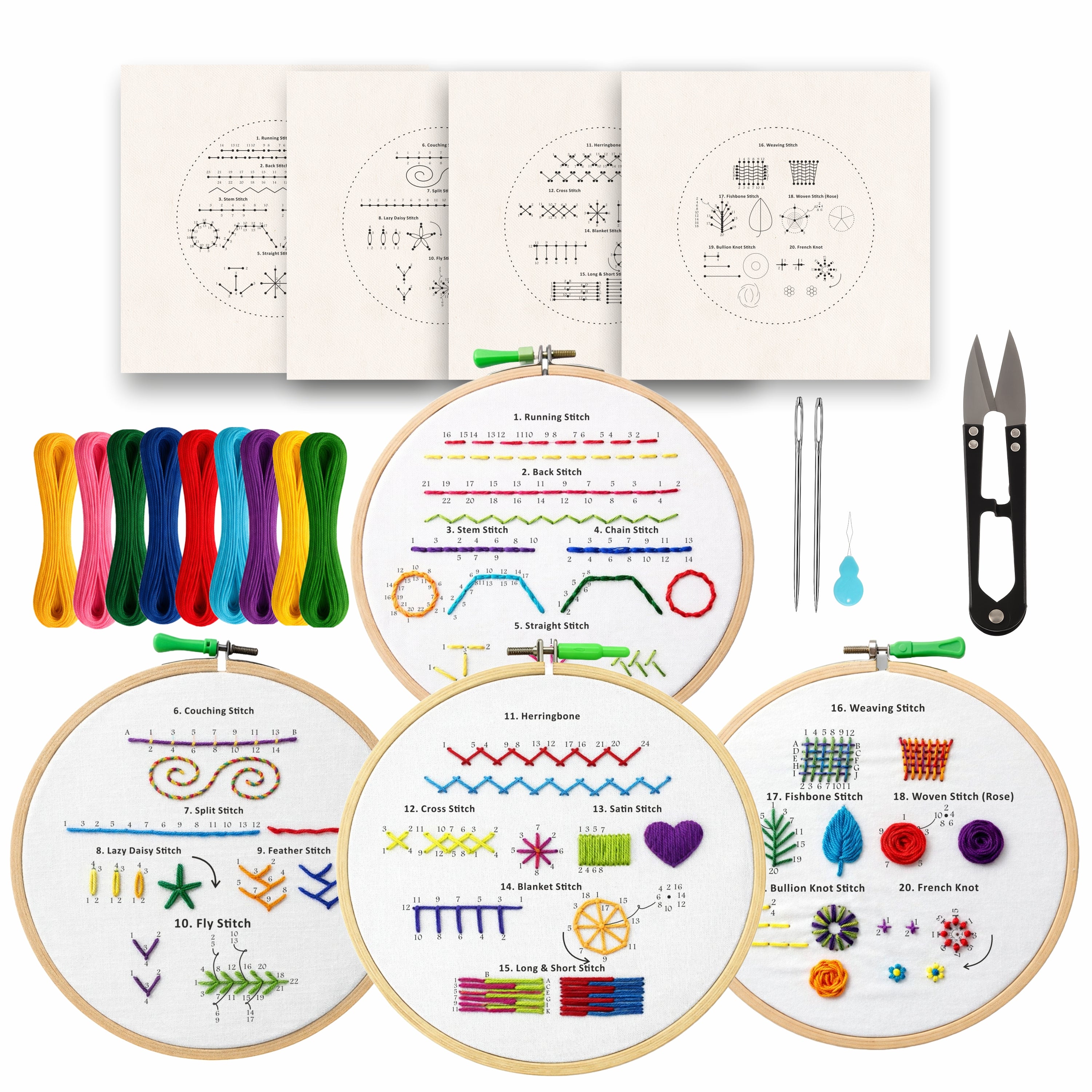 Nibras Embroidery & Cross Stitch Kit for Beginners | 4 Pre-Printed Step-by-Step Learning Designs with Hoop, Threads, Needles & Tools