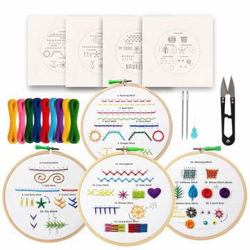 Nibras Embroidery & Cross Stitch Kit for Beginners | 4 Pre-Printed Step-by-Step Learning Designs with Hoop, Threads, Needles & Tools