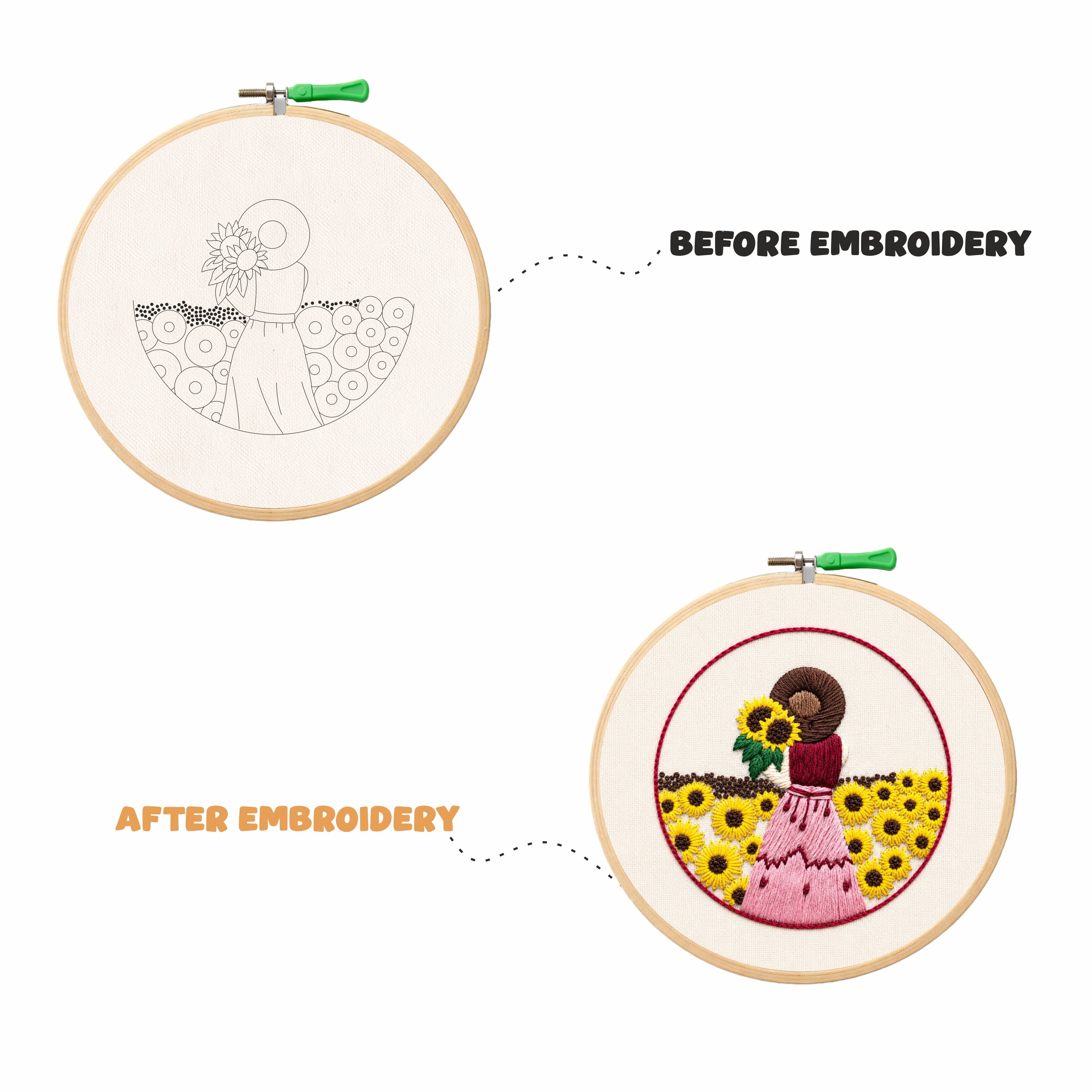Nibras Embroidery Kit for Beginners | 1 Pre-Printed Sunflower Girl Design with Hoop, Threads, Needles & Instructions | DIY Hand Embroidery Starter Kit for Adults & Kids | Art & Craft Kit