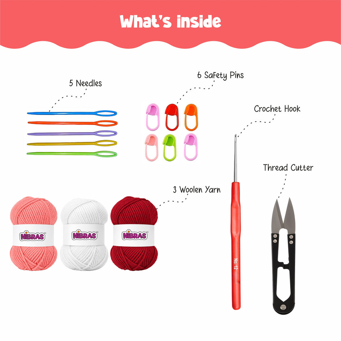 Nibras Crochet Starter Kit for Beginners – Acrylic Yarn Bundle with Hook, Cutter, Safety Pins & Needle