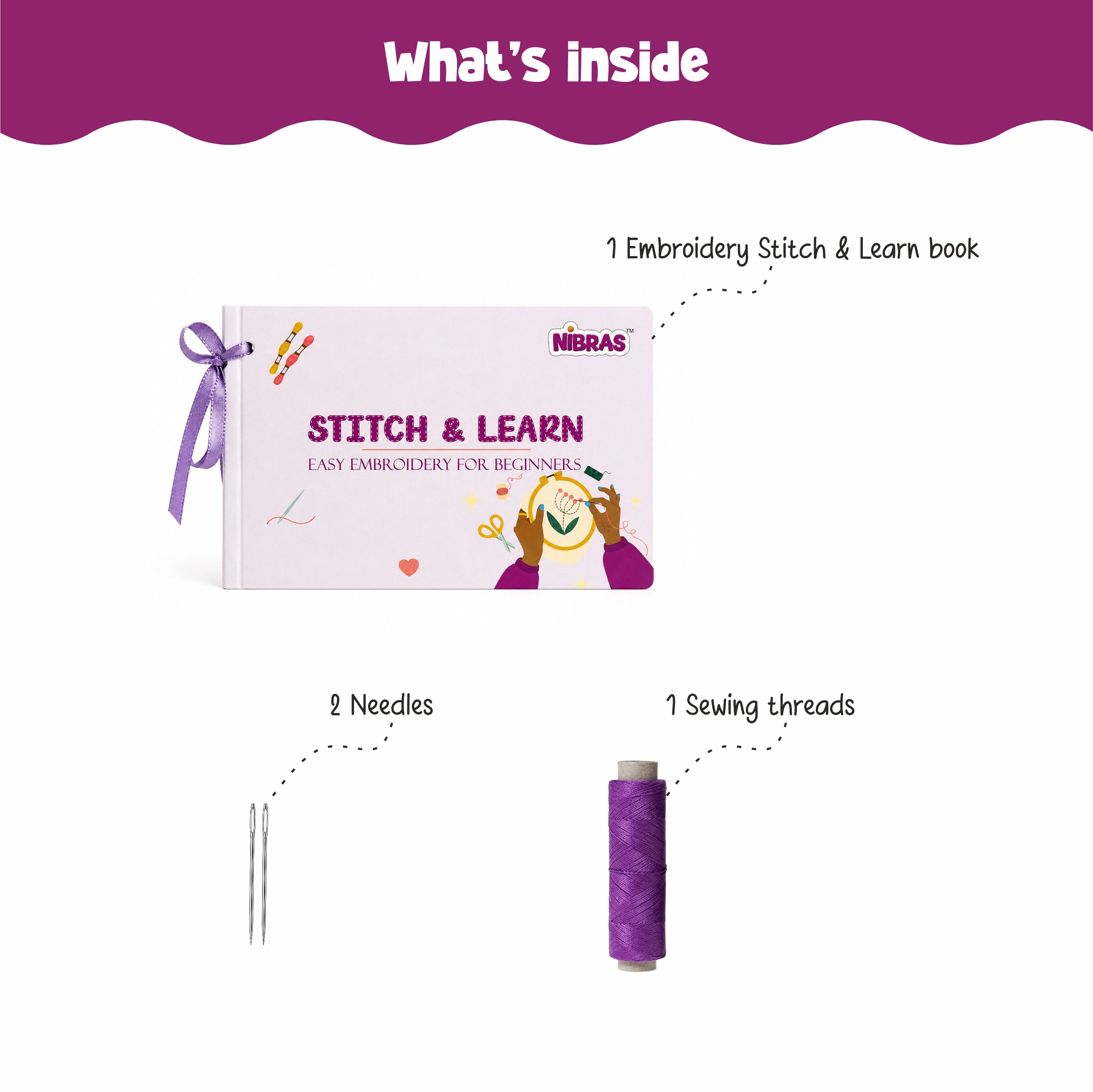 Nibras Learn to Stitch Embroidery Book Kit – 20 Practice Cards with Step-by-Step Guide, Thread & Needle | DIY Beginner Embroidery Kit for Kids & Adults