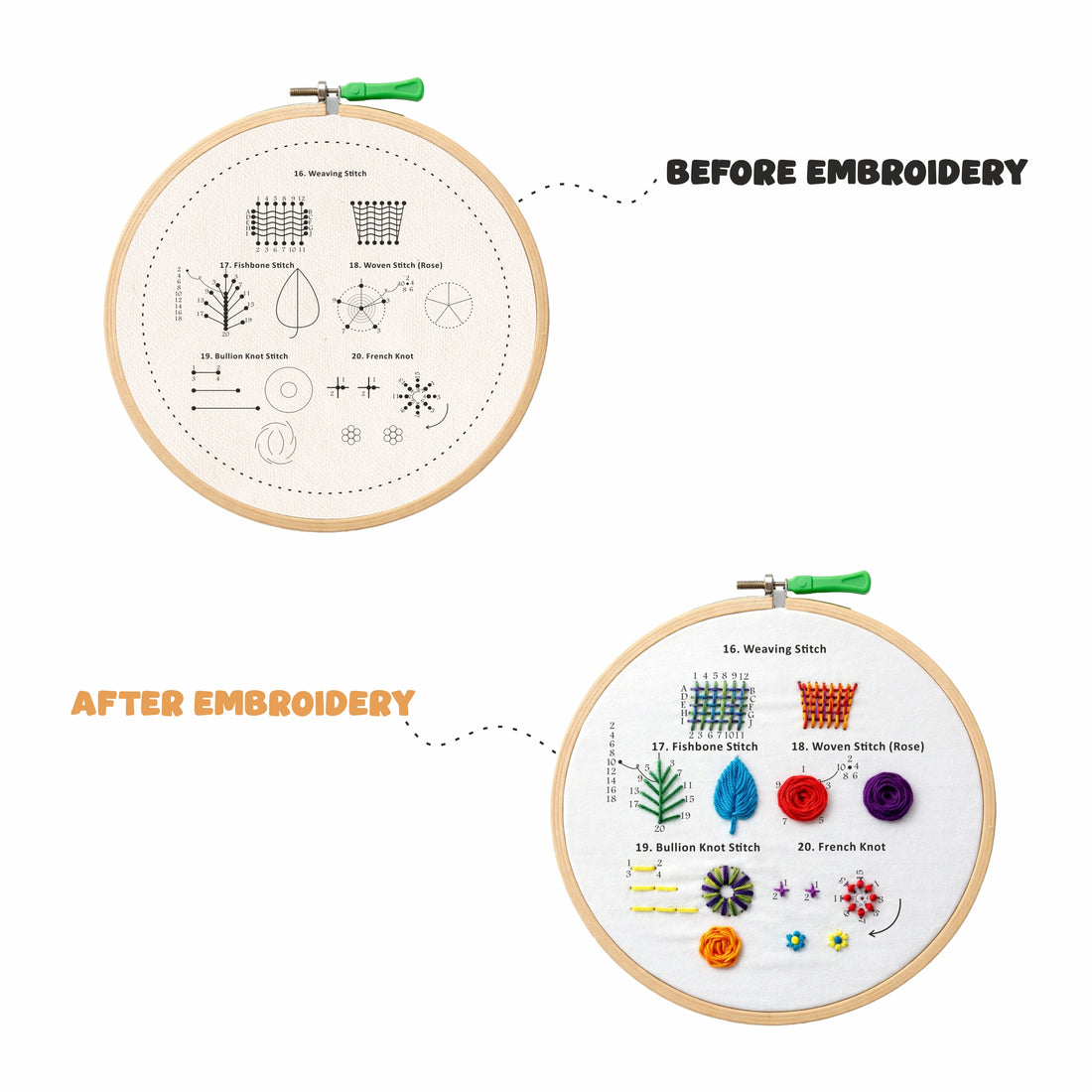 Nibras Embroidery & Cross Stitch Kit for Beginners | 4 Pre-Printed Step-by-Step Learning Designs with Hoop, Threads, Needles & Tools