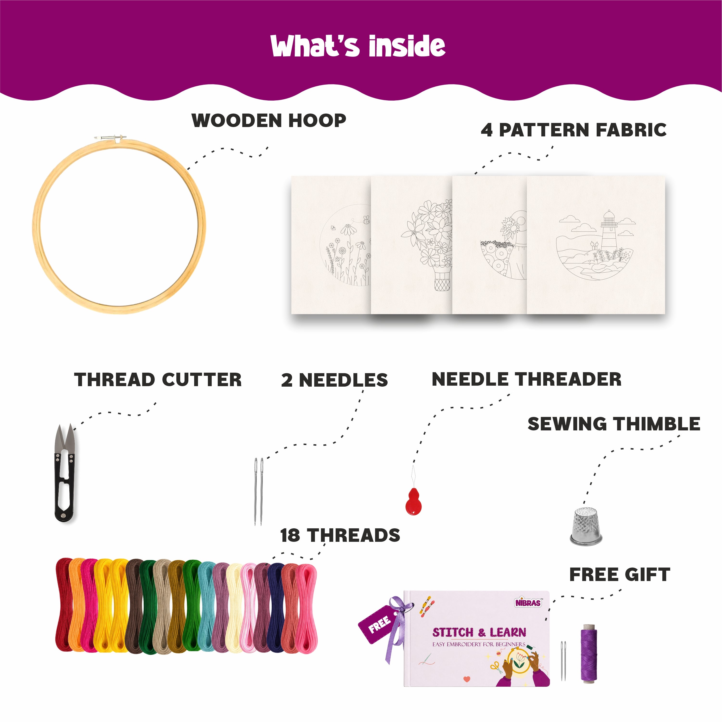 Nibras Complete Embroidery Starter Kit – 4 Learning Designs with Hoop, Threads, Needles, Needle Threader, Thimble & Free Learning Book