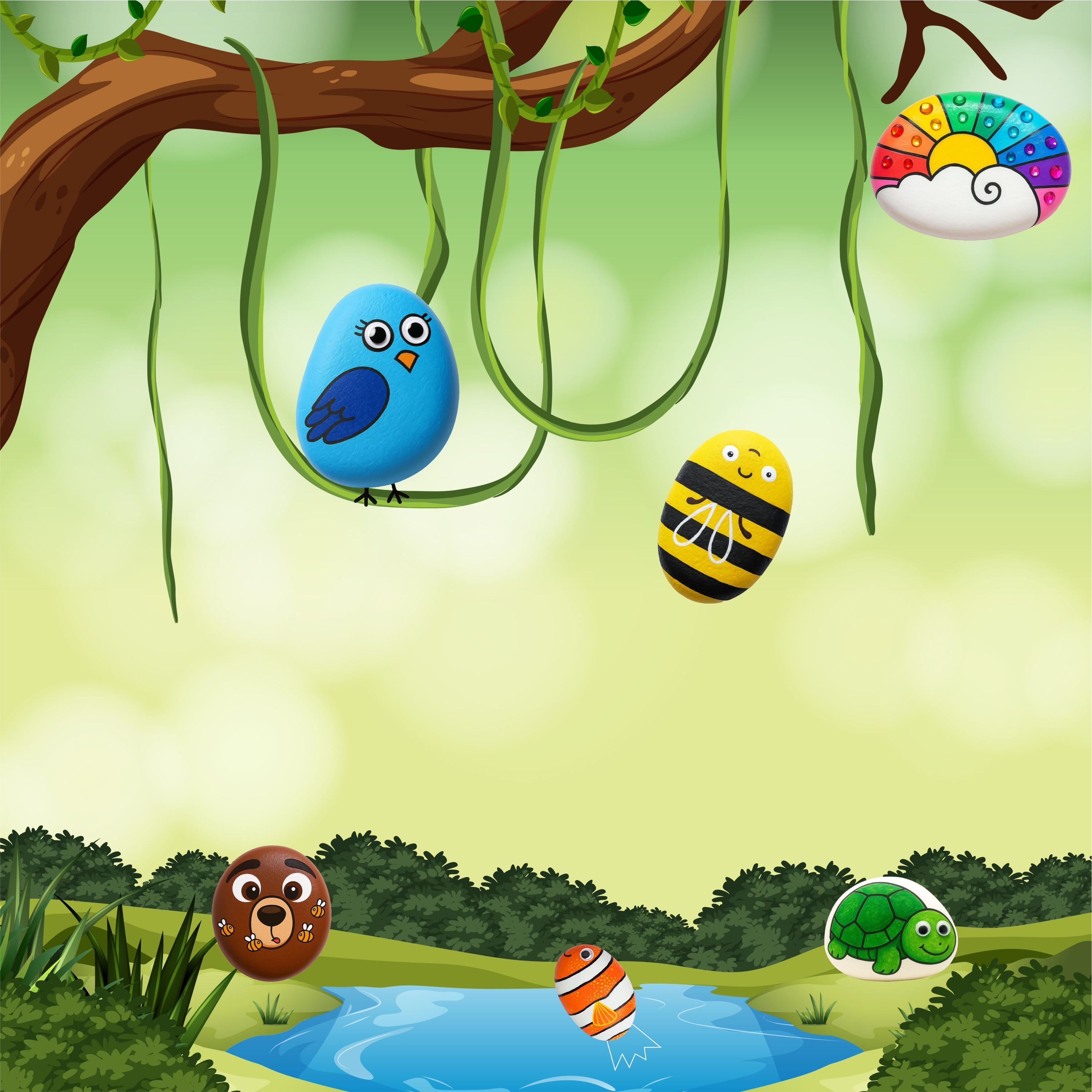 Nibras Stone Art Kit for Kids – DIY Rock Painting Kit with 7 Natural Stones, Brushes, Googly Eyes & Gems