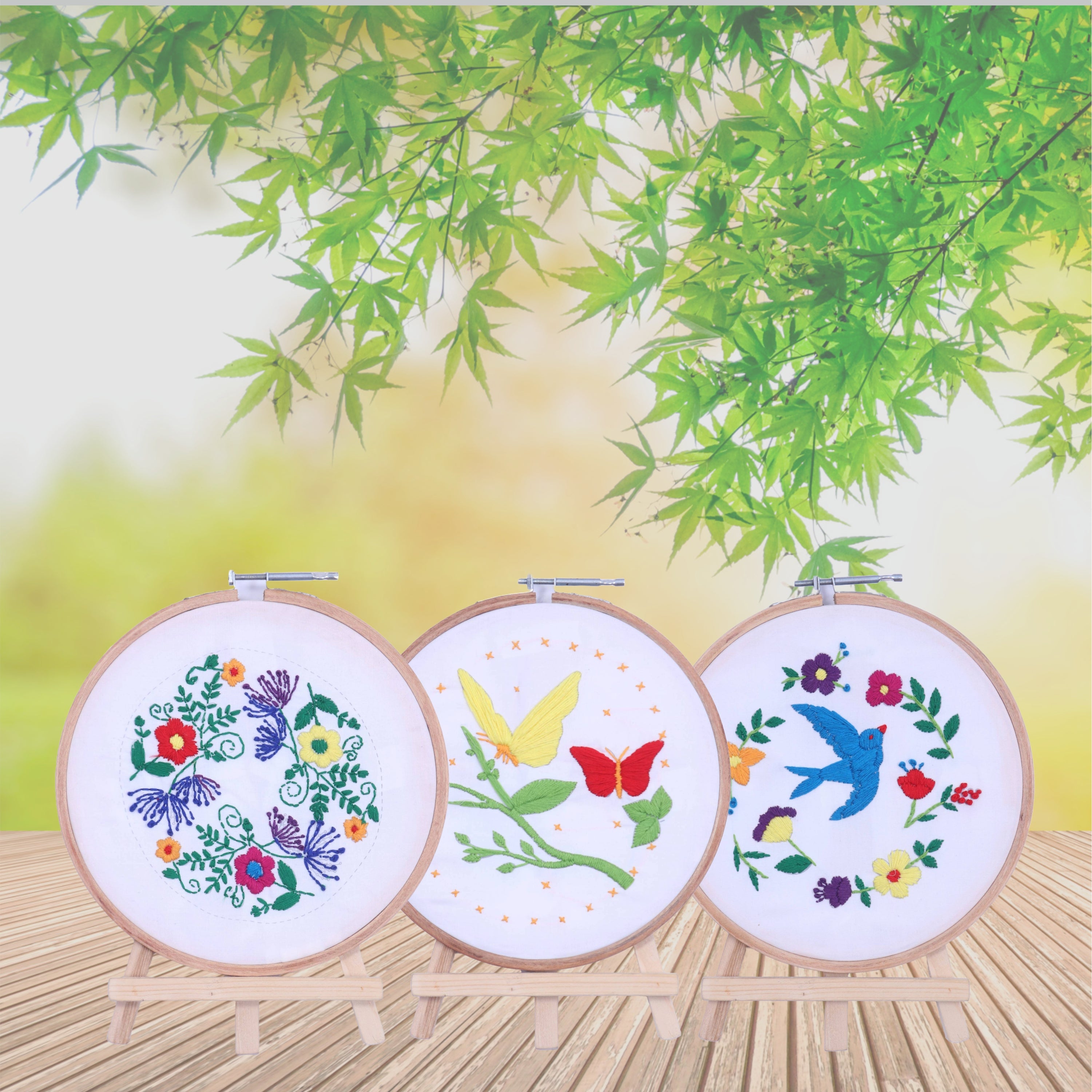 Nibras Embroidery Kit for Beginners – 3 Pre-Printed Designs with Hoop, Threads, Needles, Cutter & Instructions