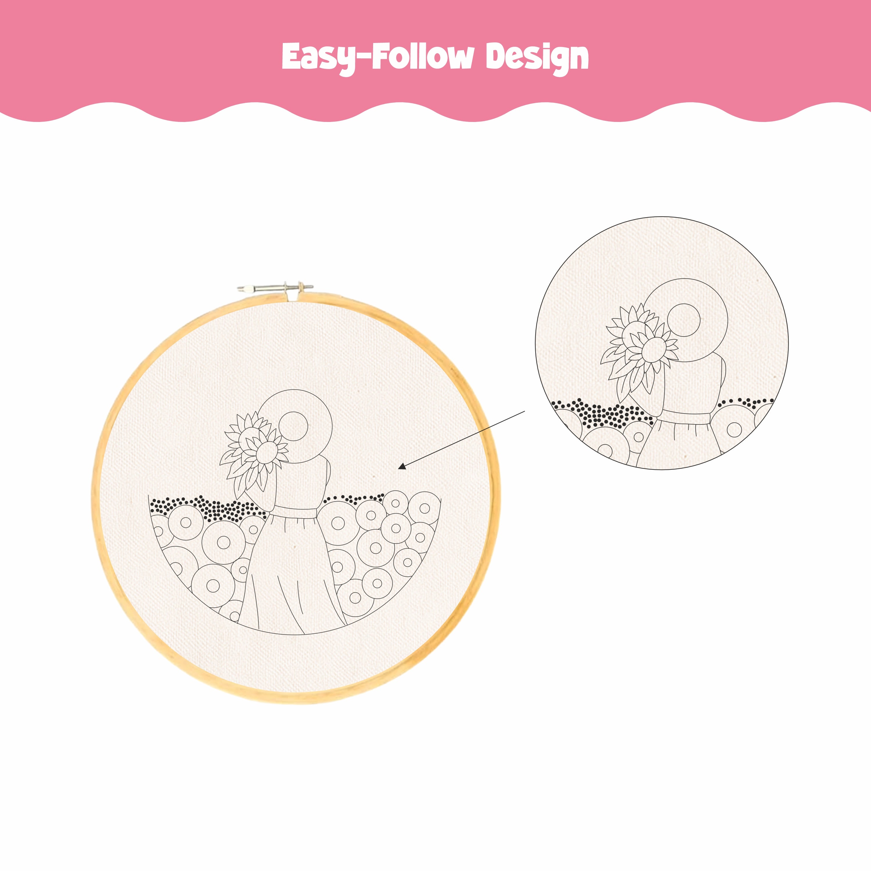 Nibras Embroidery Kit for Beginners | 1 Pre-Printed Sunflower Girl Design with Hoop, Threads, Needles & Instructions | DIY Hand Embroidery Starter Kit for Adults & Kids | Art & Craft Kit