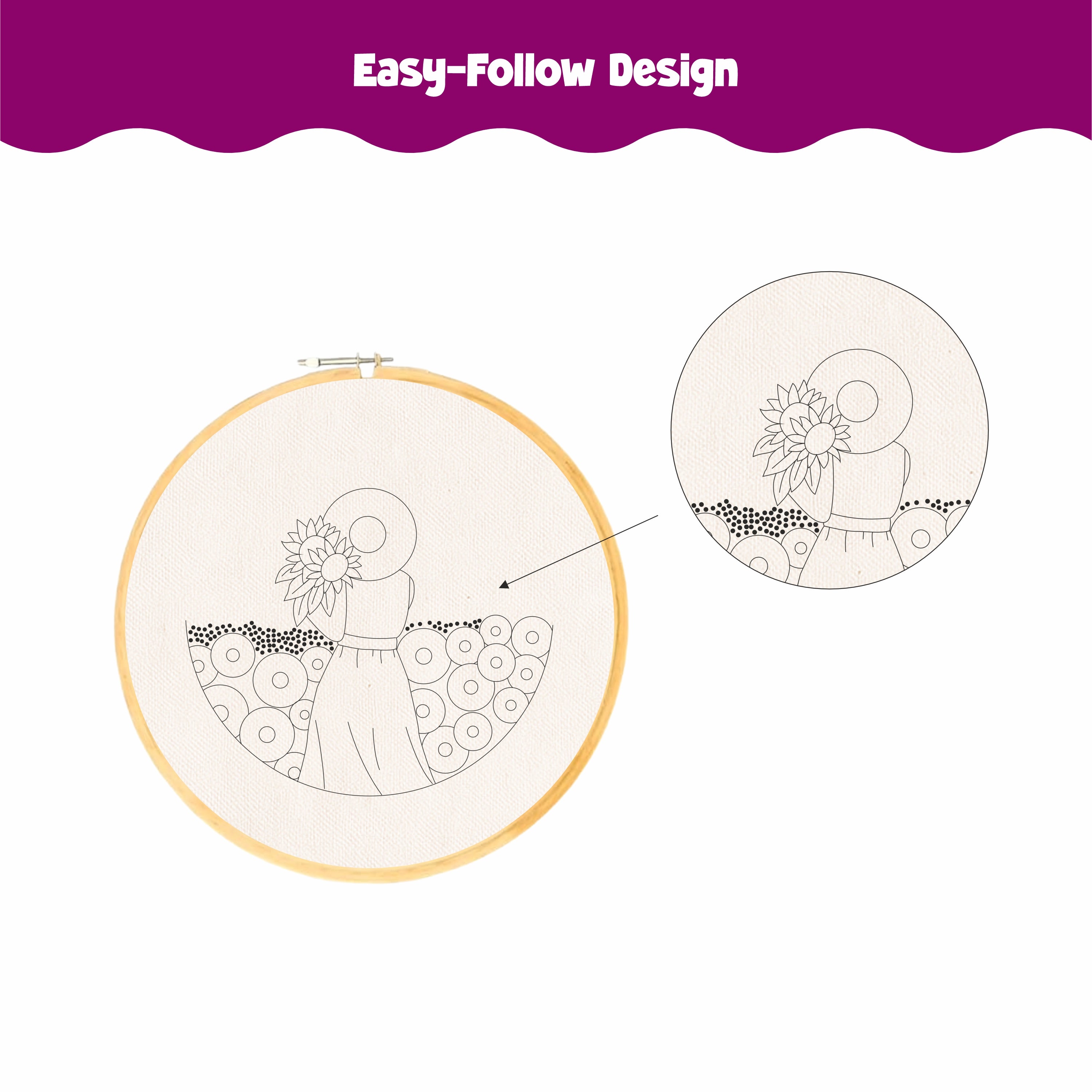 Nibras Complete Embroidery Starter Kit – 4 Learning Designs with Hoop, Threads, Needles, Needle Threader, Thimble & Free Learning Book