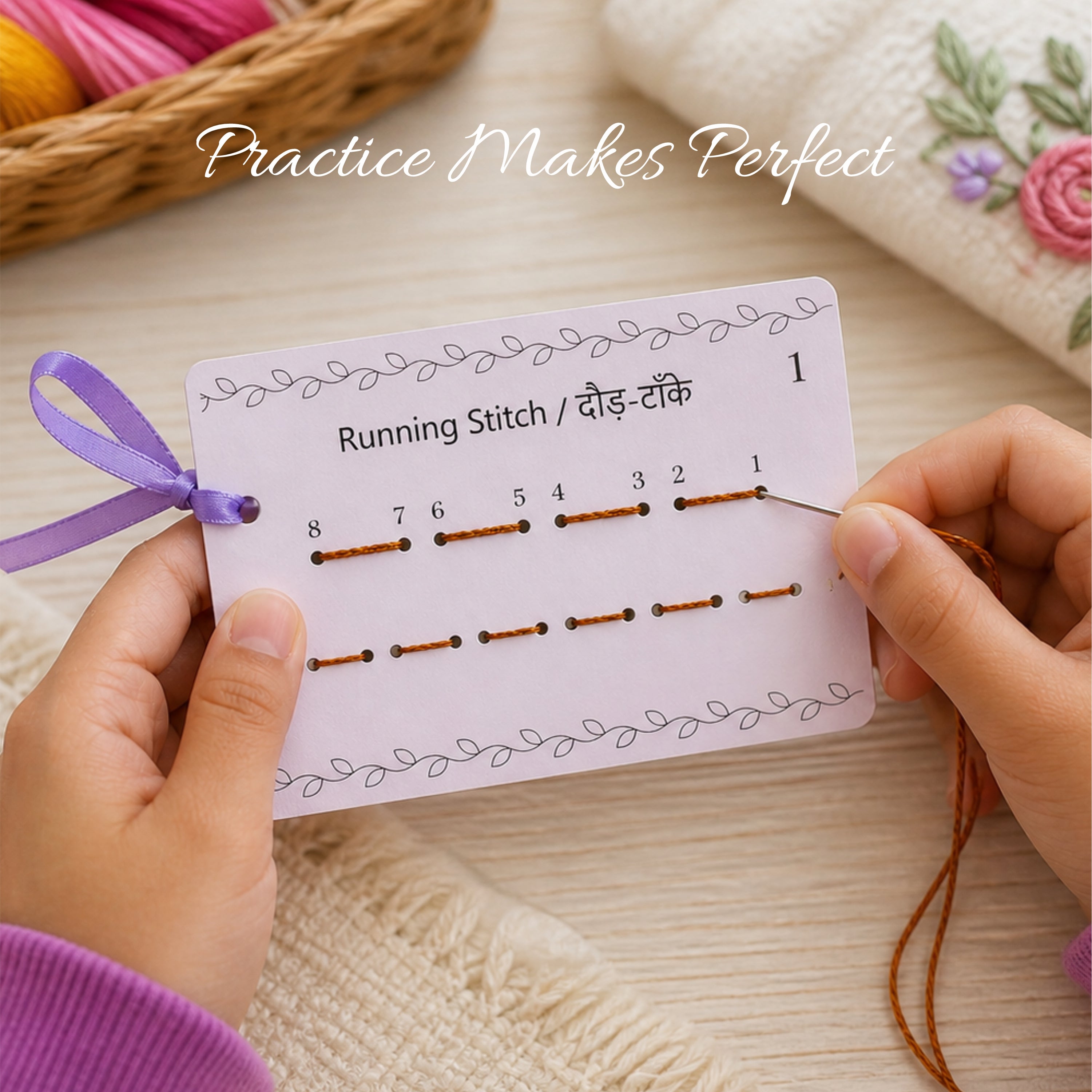 Nibras Learn to Stitch Embroidery Book Kit – 20 Practice Cards with Step-by-Step Guide, Thread & Needle | DIY Beginner Embroidery Kit for Kids & Adults