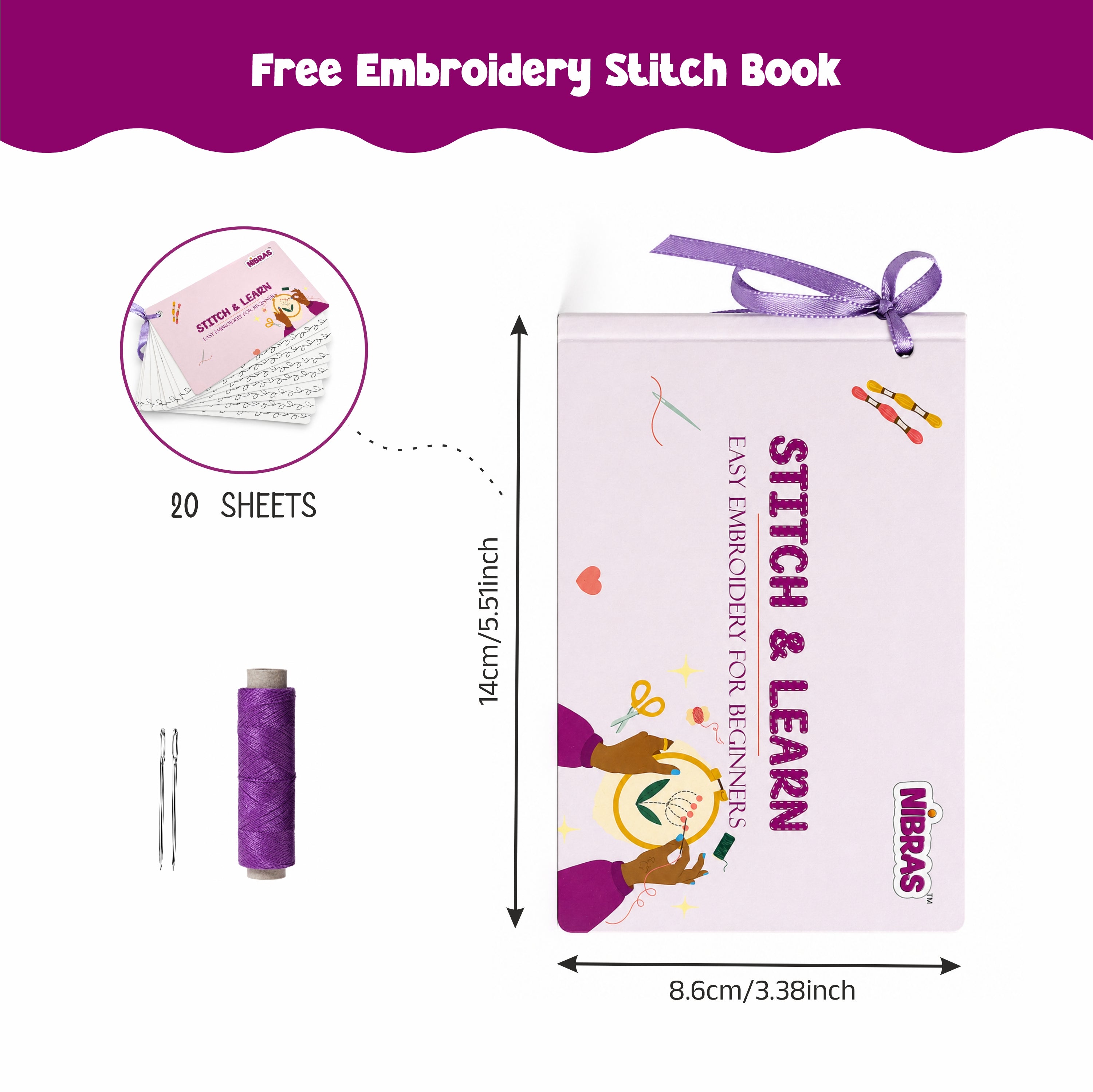 Nibras Complete Embroidery Starter Kit – 4 Learning Designs with Hoop, Threads, Needles, Needle Threader, Thimble & Free Learning Book