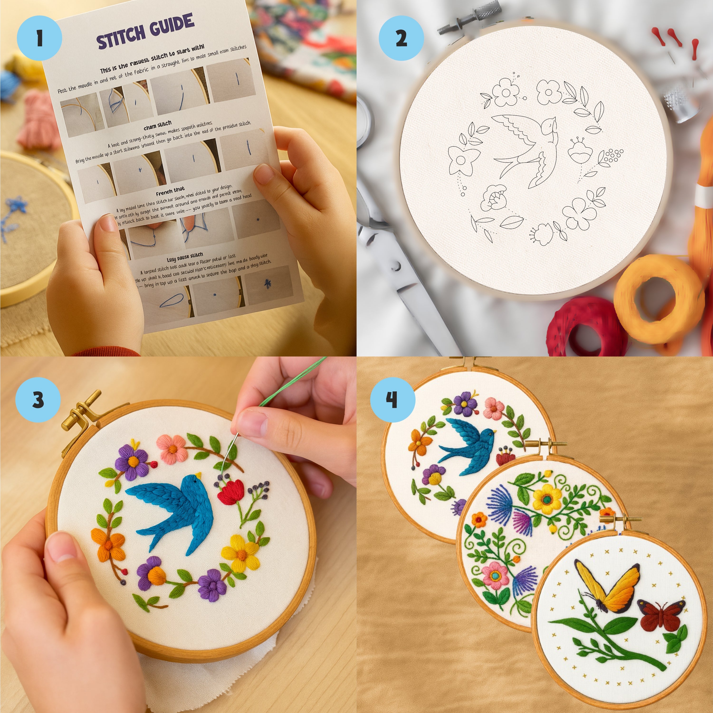 Nibras Embroidery Kit for Beginners – 3 Pre-Printed Designs with Hoop, Threads, Needles, Cutter & Instructions