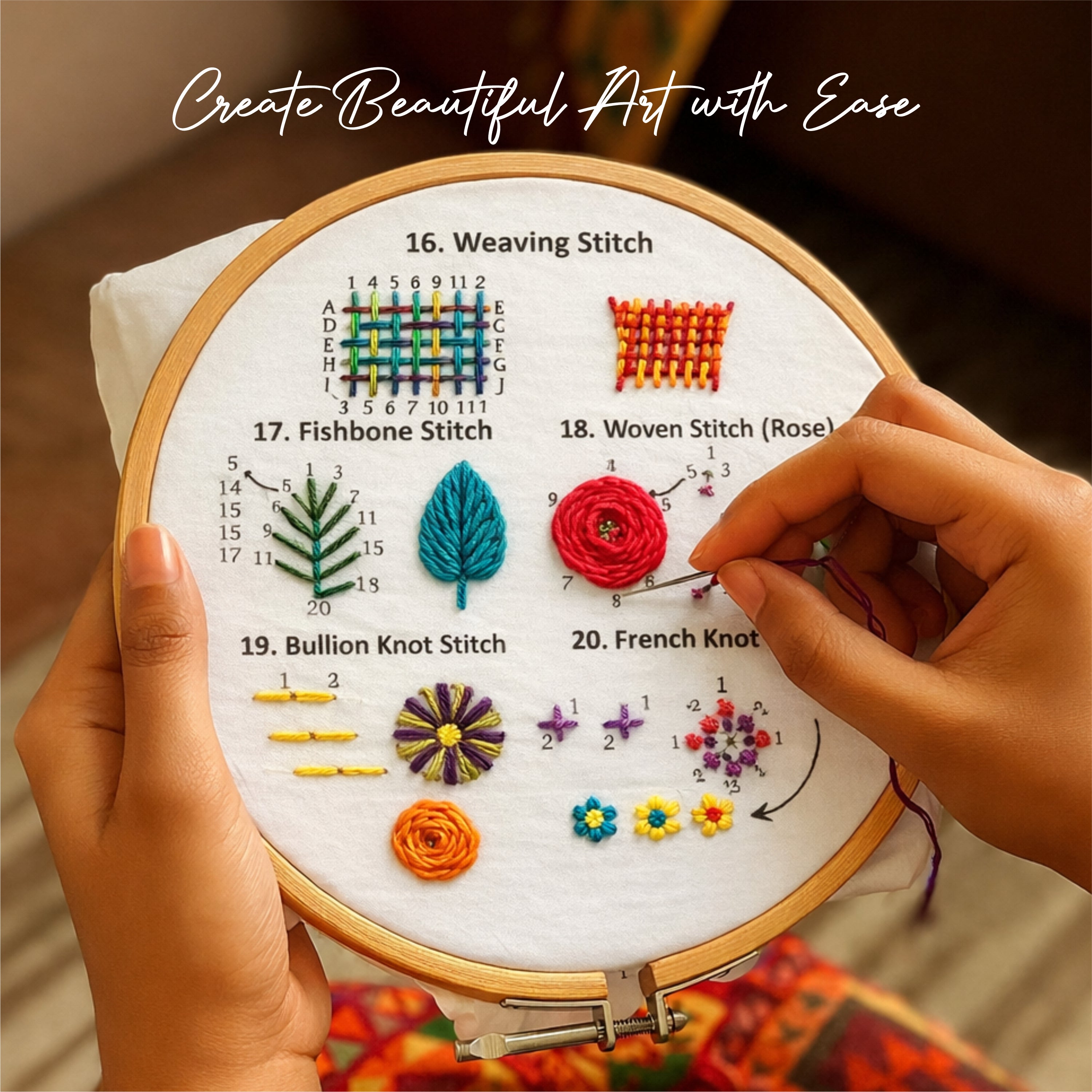 Nibras Embroidery & Cross Stitch Kit for Beginners | 4 Pre-Printed Step-by-Step Learning Designs with Hoop, Threads, Needles & Tools