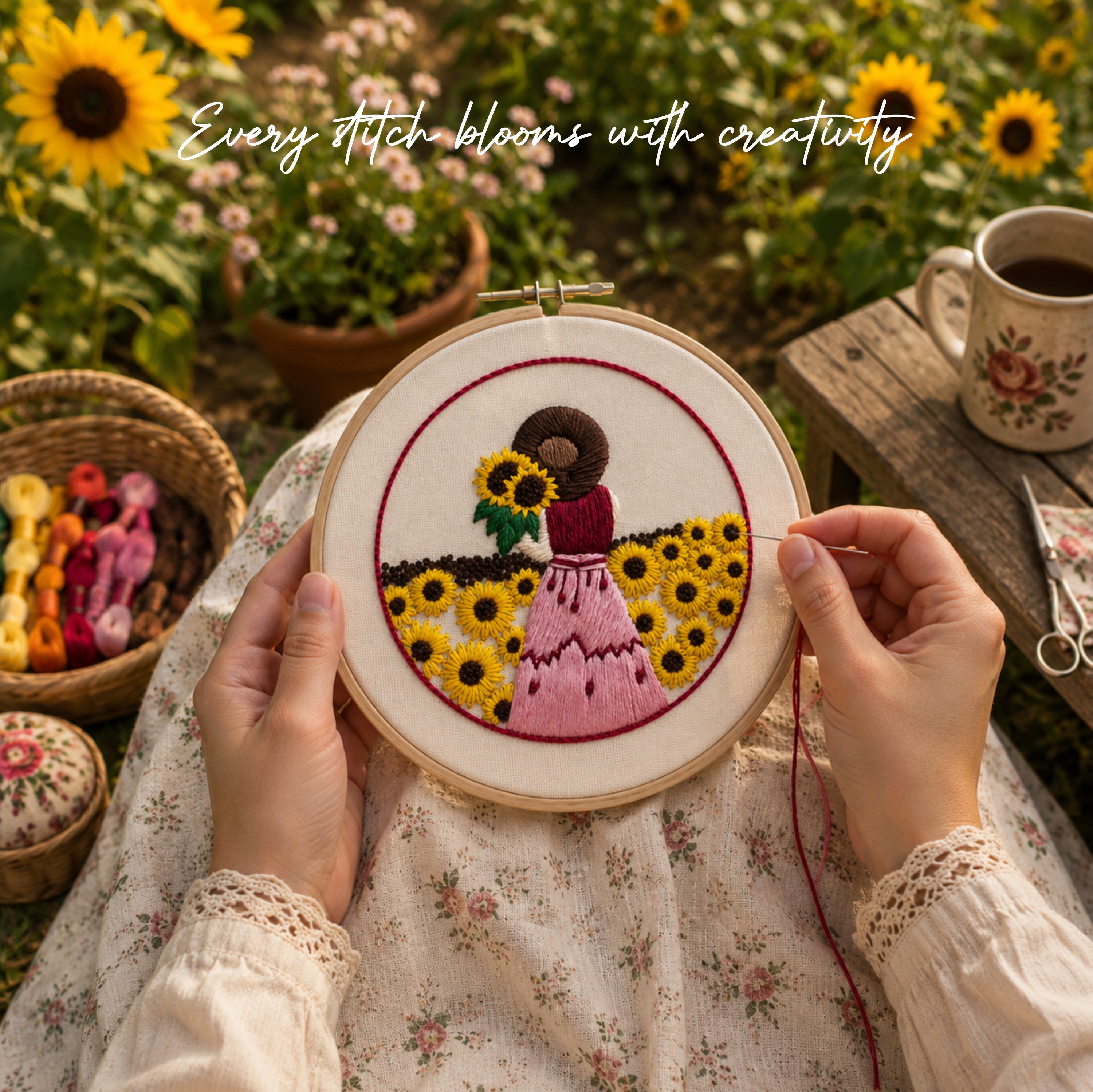Nibras Embroidery Kit for Beginners | 1 Pre-Printed Sunflower Girl Design with Hoop, Threads, Needles & Instructions | DIY Hand Embroidery Starter Kit for Adults & Kids | Art & Craft Kit