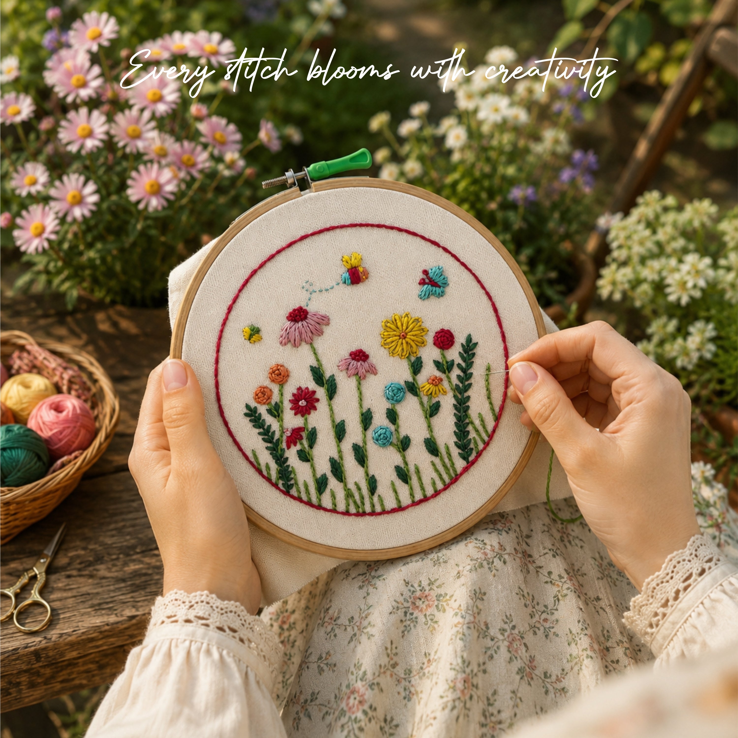 Nibras Embroidery Kit for Beginners – 2 Pre-Printed Floral Designs with Hoop, Threads, Needles & Instructions | DIY Hand Embroidery Starter Kit for Adults & Kids | Art & Craft Hobby Kit